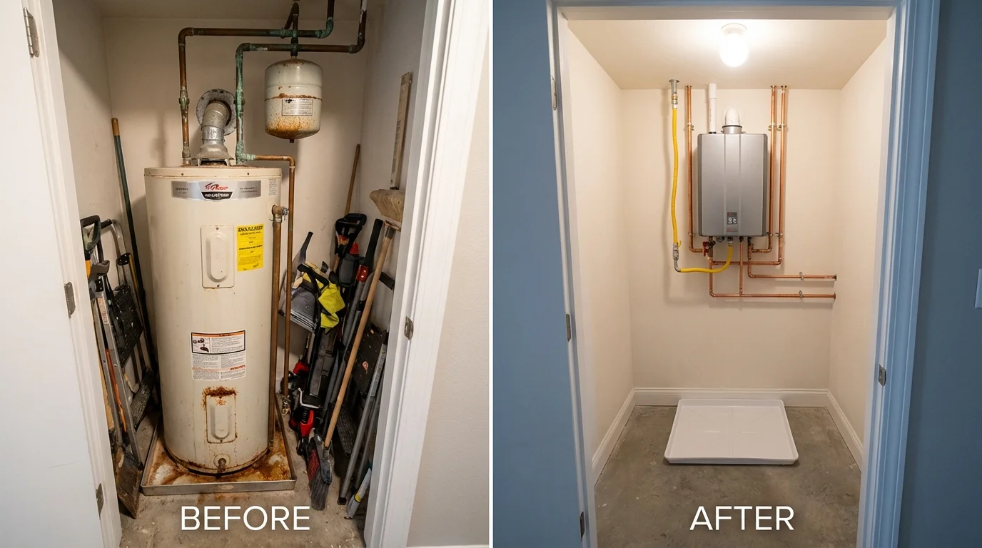 Tank water heater versus wall-mounted tankless unit comparison for Arlington, NE homeowners