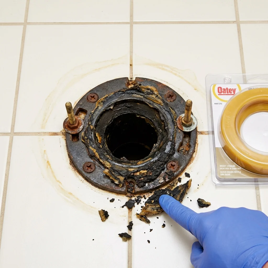 Failed wax ring showing water seepage at the base of a toilet in a Arlington, NE home