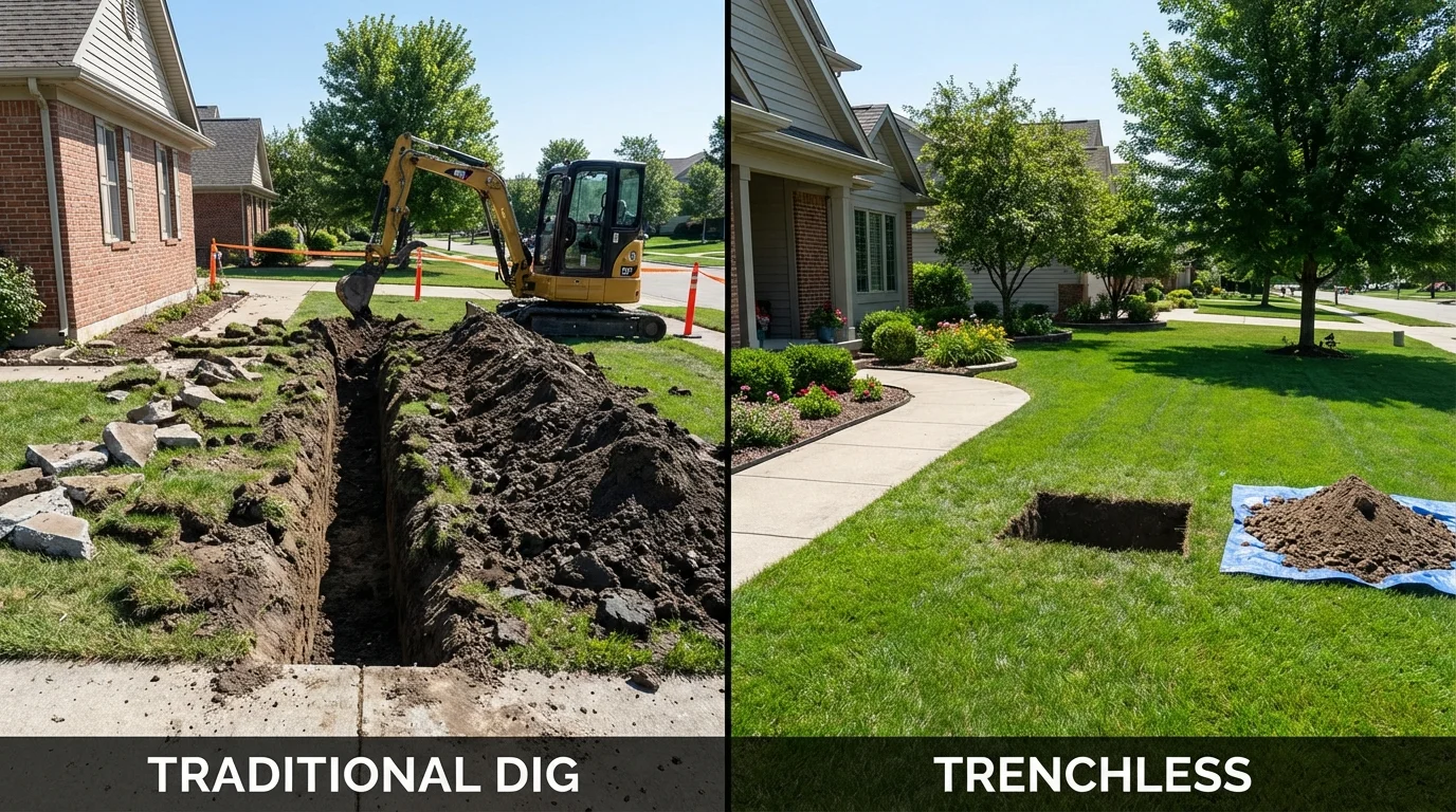 Trenchless sewer repair with minimal yard damage versus traditional excavation in Arlington, NE