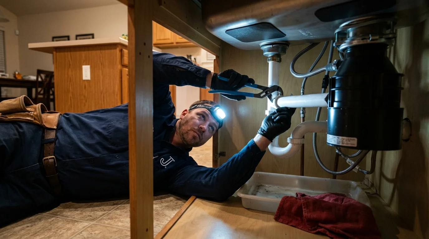 P-trap and supply line connections under a kitchen sink showing a common leak point in Arlington, NE